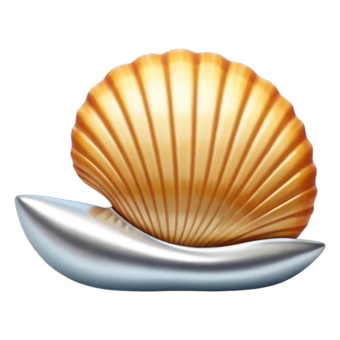 A seashell emoji made of polished silver chrome, smooth curved surface, reflective metallic highlights, elegant minimal design, iOS emoji style, centered, clean white background, soft lighting sticker