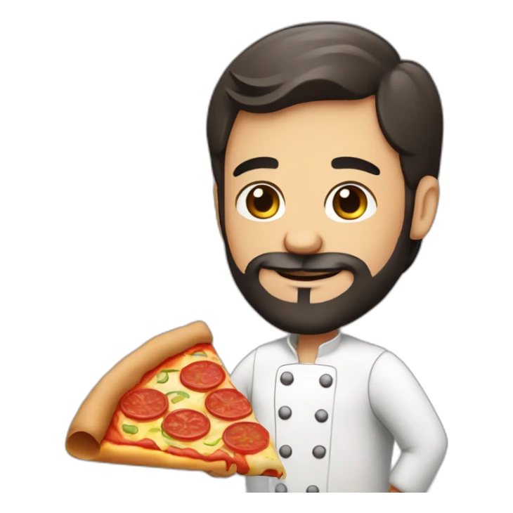 Pizza chef with dark hair and beard, holding a Pizza sticker