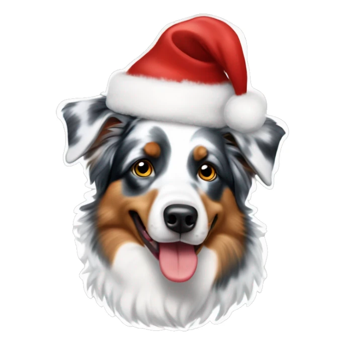 Miniature American shepherd blue Merle wearing a Christmas hat sticker