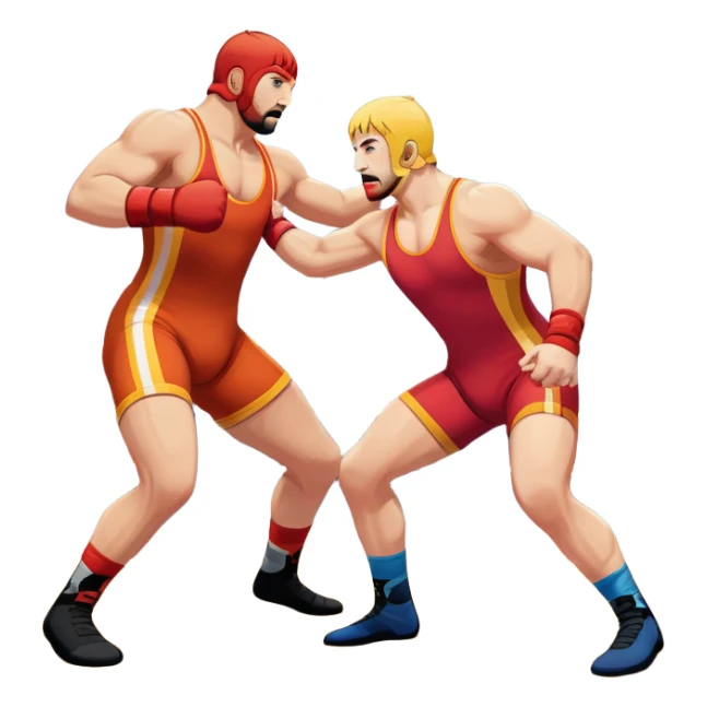 An icon showcasing two wrestlers engaged in a dynamic free wrestling match. The athletes are in mid-action, one attempting a takedown while the other defends. The background features a wrestling mat, and the fighters wear traditional singlets. Transparent background  sticker