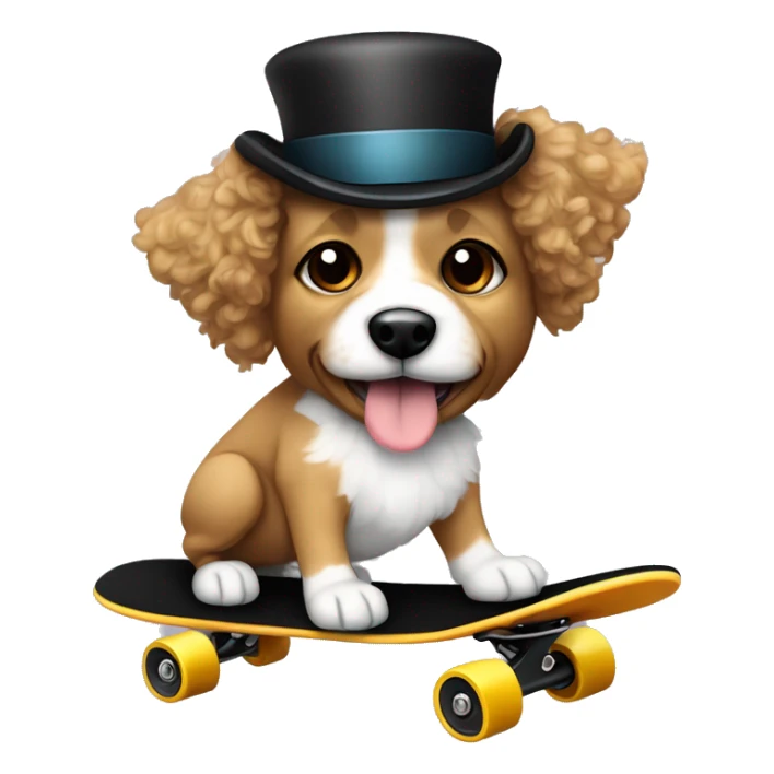 yochon mix. dog with light tan curly fur, very very long ears down. dark brown eyes, mouth closed. wearing a top hat on a skateboard sticker