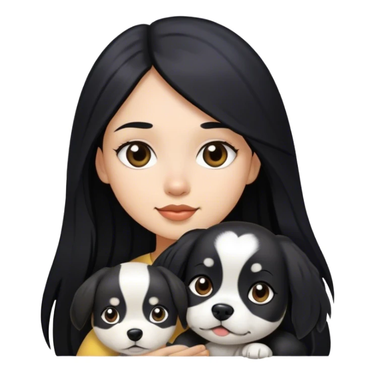 Menina com cabelo longo e preto com uma cadelinha preta e branca  sticker