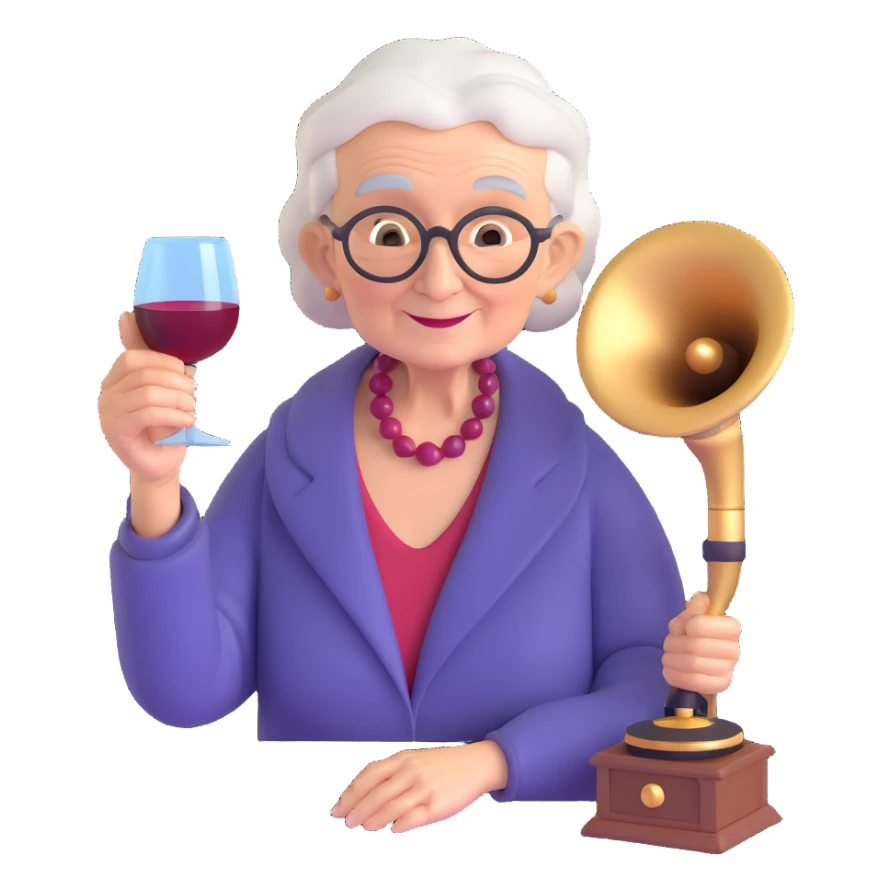 old lady with wineglass listening to gramophone sticker