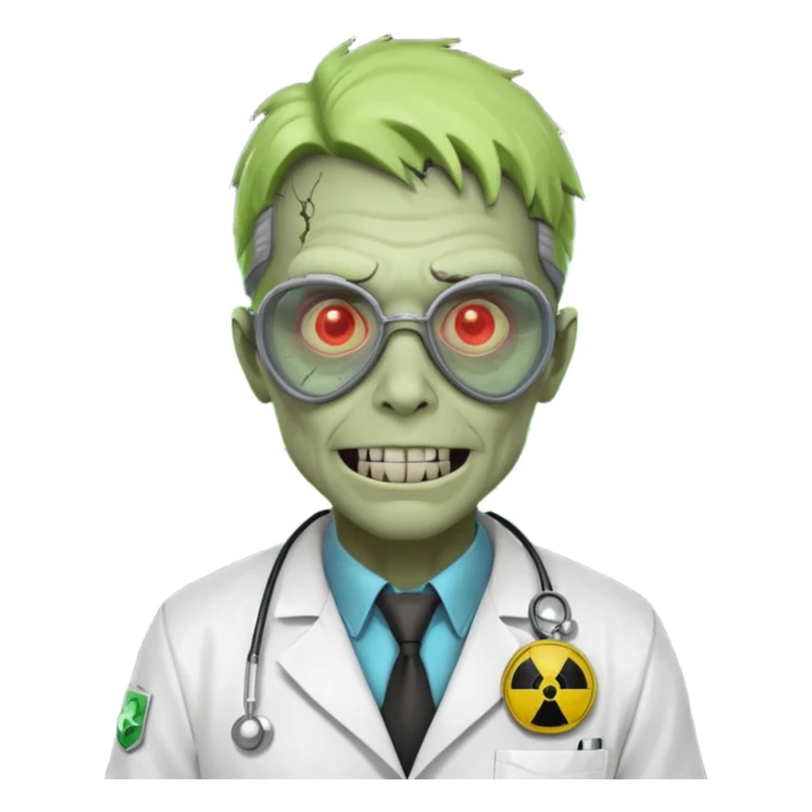 radioactive zombie scientist portrait, head and shoulders only, glowing toxic veins, cracked goggles, lab coat with radiation badge, sinister smile, 3D cartoon, mobile game icon style, clean background, no text, no watermark
 sticker