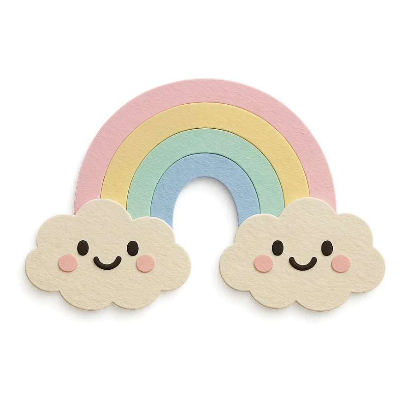 kawaii pastel rainbow stretching between two smiling clouds, soft pastel colors, no limbs, full body, paper craft style sticker