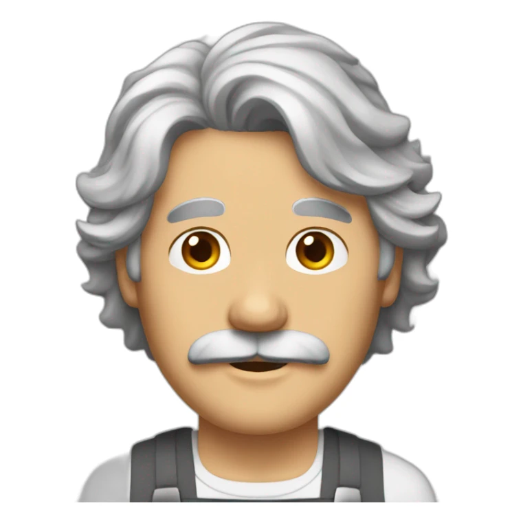 Mature man, gray shaggy hair, brown eyes, mustache, apron sticker