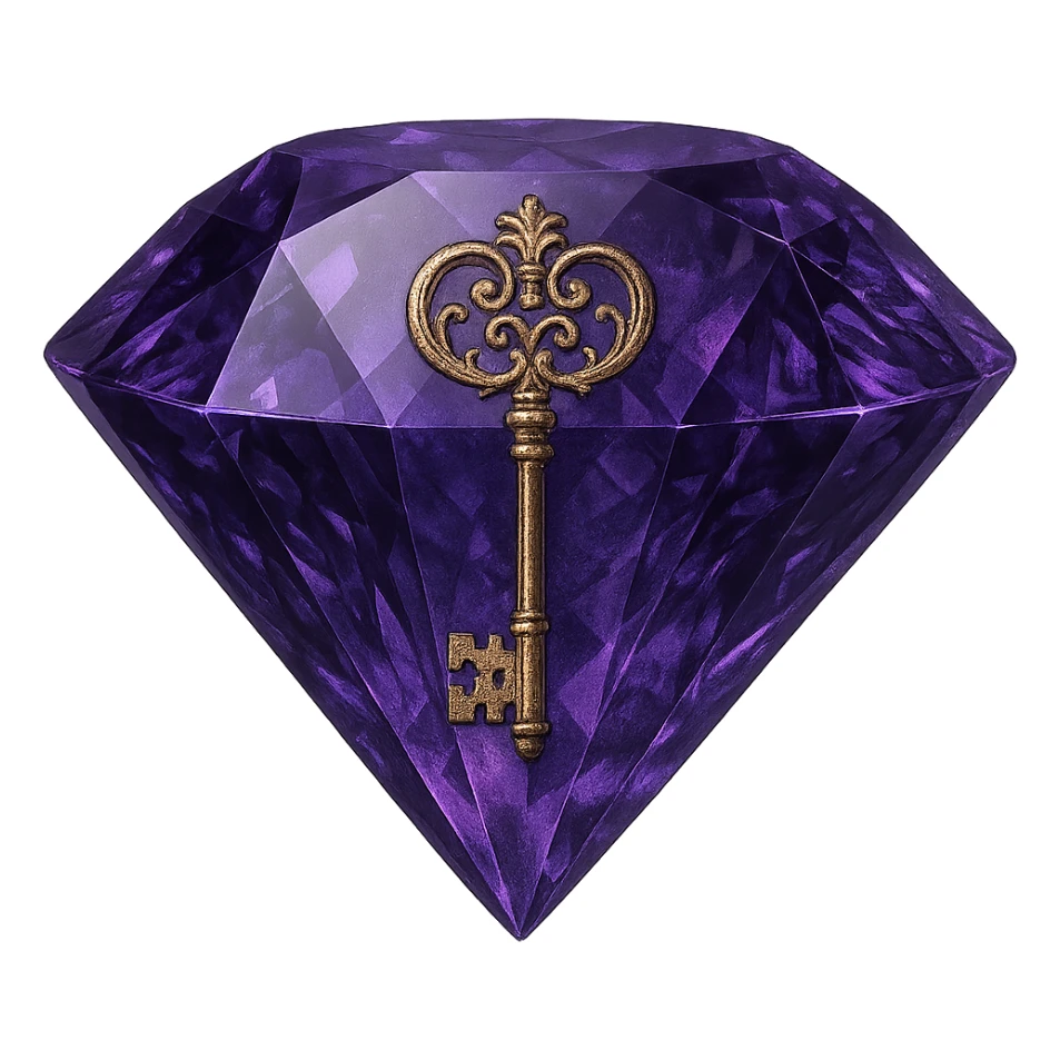 real diamond, color #9665db, with complex 🗝️ key  symbol on the diamond. sticker