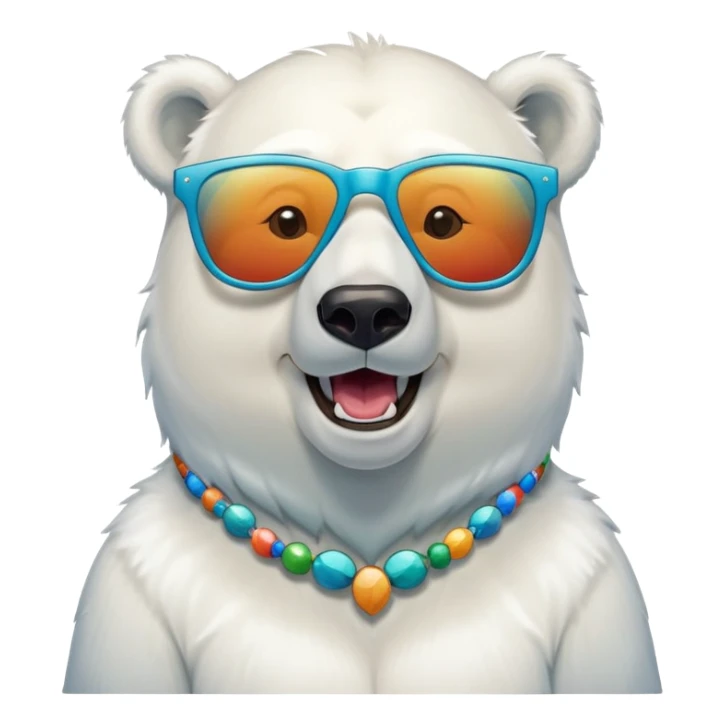 laughing polar bear headshot wearing a t-shirt and large multicolored extravagant glasses sticker