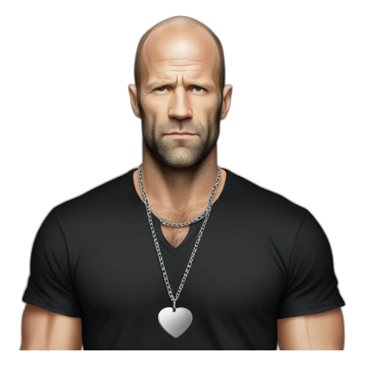 Jason Statham wearing men silver chain on a black tshirt,styled,cool sticker