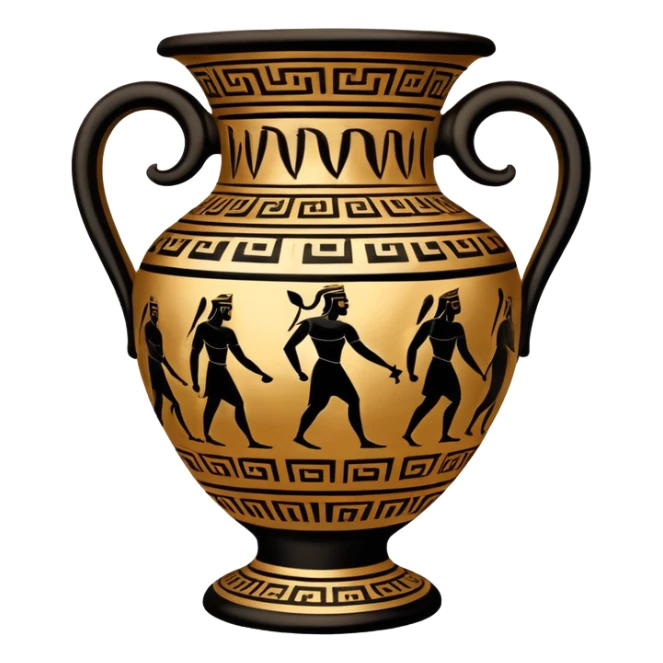 Cinematic-realistic Grecian urn, an exquisite black-figure pottery masterpiece resting in the dim glow of an ancient temple. Intricate golden depictions of gods and warriors encircle its curved form, telling timeless myths of heroism and tragedy. The polished ceramic surface reflects flickering torchlight, while faint wisps of dust drift in the air, whispering echoes of a long-lost civilization. sticker