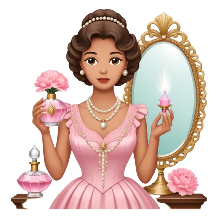 "An ornate Shell Pink perfume bottle with an atomizer, surrounded by Pearl Pink carnations. A string of pearls and a vintage mirror enhance the old Hollywood charm." sticker