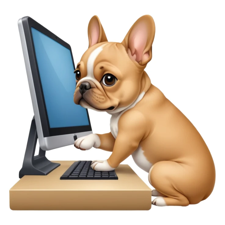 Fawn french bulldog working behind computer sticker