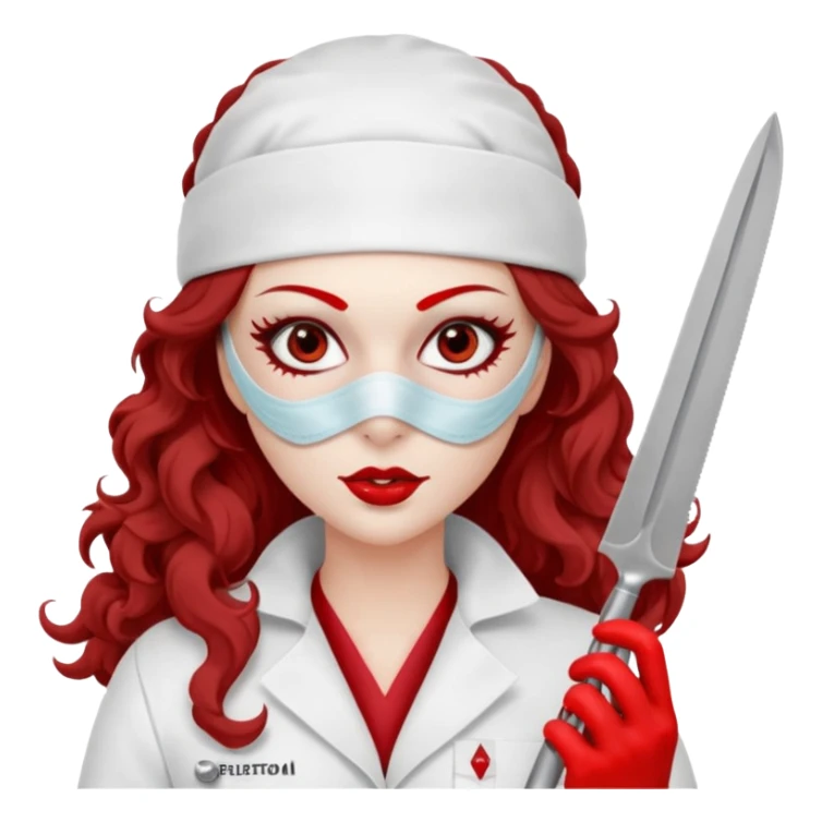 


Scary woman scalpel in hand, evil surgeon sexy surgeon clothes.  She has redcolored  eyes. Her  hair only is free ne brown long curly hair. Wears sexy doctor outfit with red gloves. make her wear full ski mask yo mask and nose mask  to hide. Wears white surgeon coat, wears  stilettos sticker