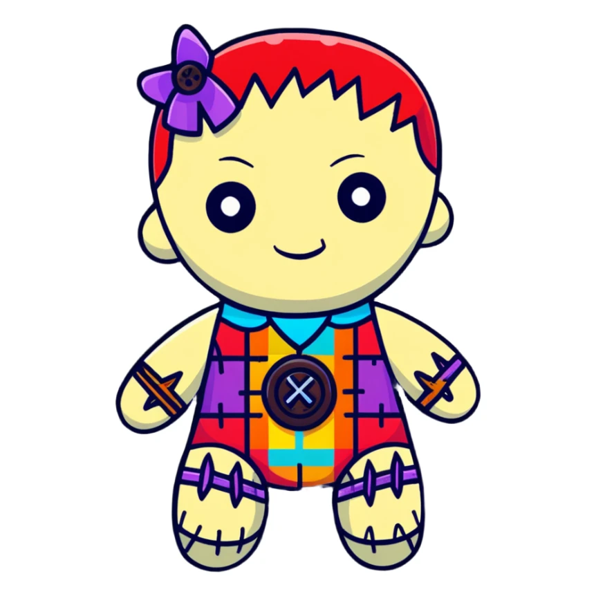 A colorful voodoo doll with patchwork fabric in bright colors, decorative buttons for eyes, and colorful pins sticking out of it sticker
