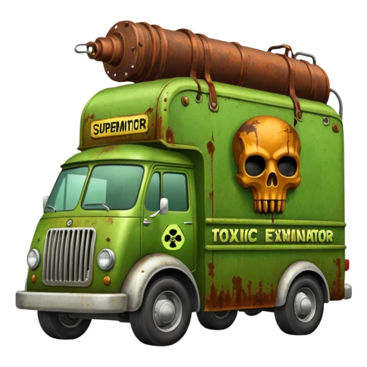Heroic SuperBug Ron’s toxic-oozing exterminator superminator antique tall moving van (motto: Pay us to kill ’em) sticker