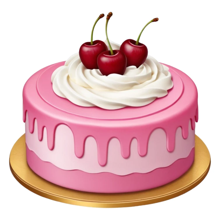 Round pink frosted cake with textured buttercream sides, placed on a gold cake board.
White whipped cream swirls on top, each topped with glossy red cherries with stems, clean studio lighting, isolated background, realistic minimal smooth emoji-style. sticker