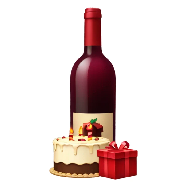 Bottle of red wine with present and birthday cake  sticker