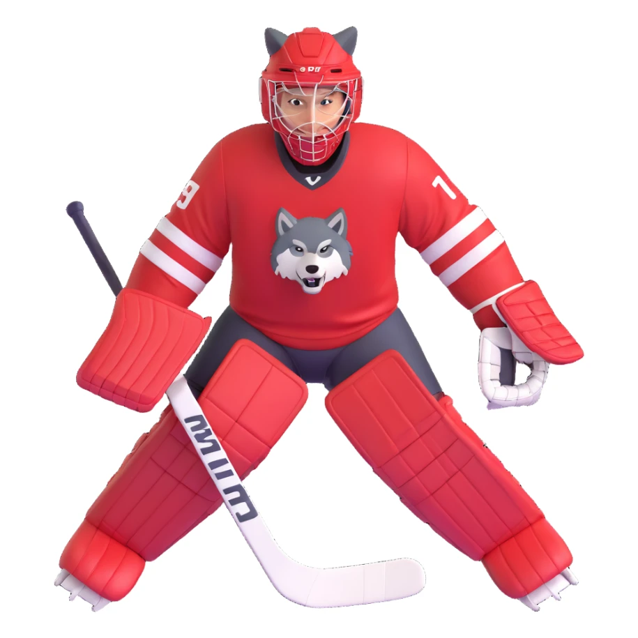 A hockey goalkeeper in red uniform with wolf image sticker