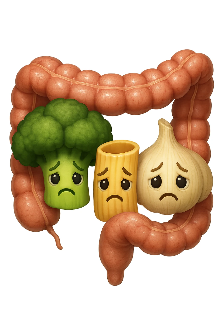 EMOJI STILE IPHONE DI broccolo, pasta, aglio con espressione triste, avvolti da pezzi di colon anatomico umano, IPERREALISTICO 4K sticker