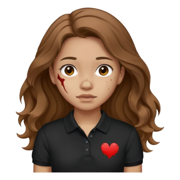 crie uma garota com ferimentos cabelo ondulado 2c longo castanho e blusa polo básica preta sticker