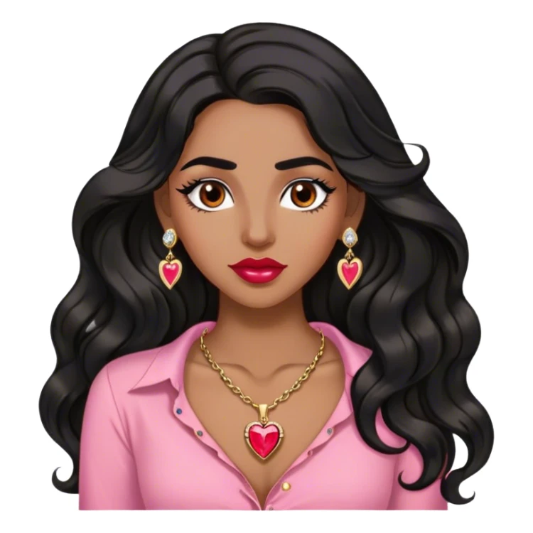 Woman,Medium brown skin,super long black wavy hair, medium brown arched eyebrows, full lashes, red nude lips, diamond stud earrings, gold heart locket, pink shirt sticker