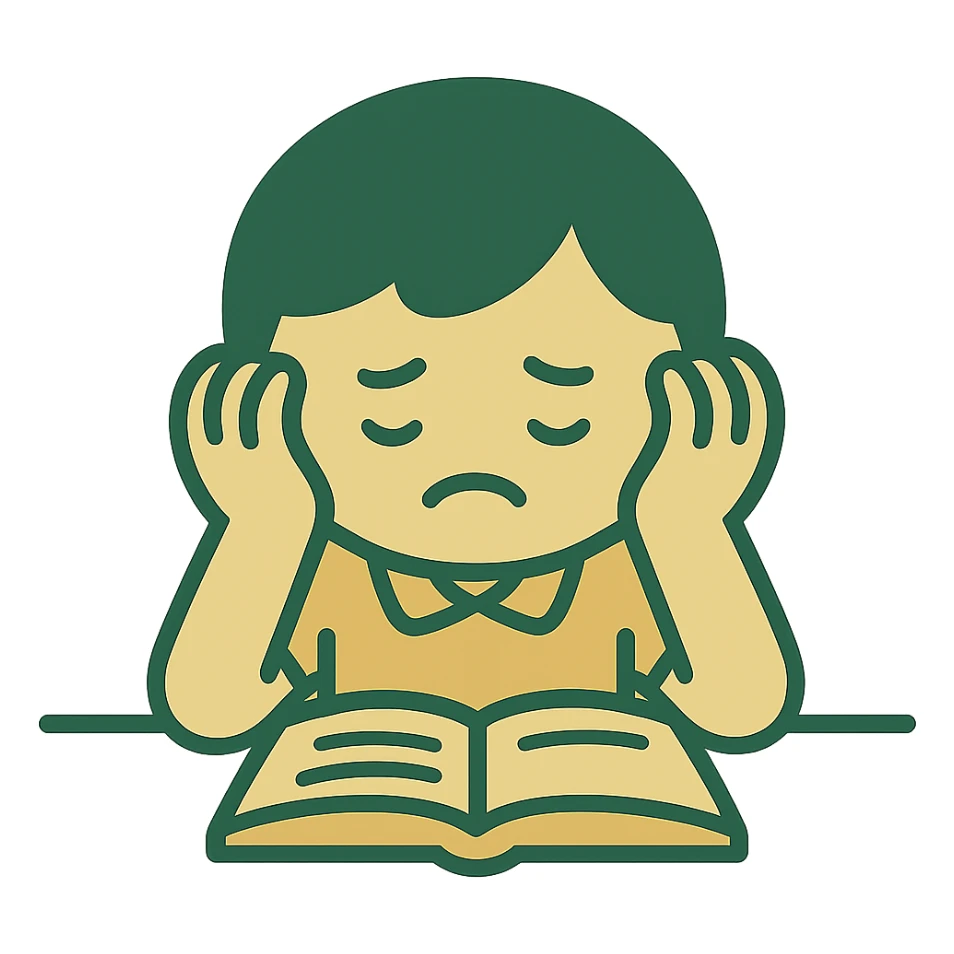 student frustrated with head in hands, minimalistic, green gold and white color scheme, clean lines sticker