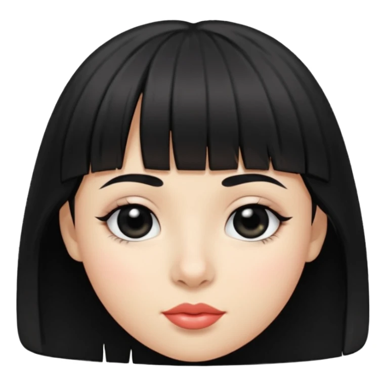 black hair with bangs, small lips, big black eyes, small large nose and dimples sticker