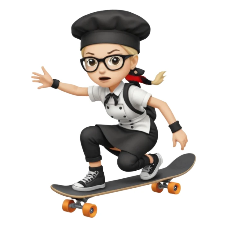 ["An angry woman with light skin, ponytail, wearing a chef hat and square glasses, dressed in goth fashion, is skateboarding while holding a backpack."] sticker