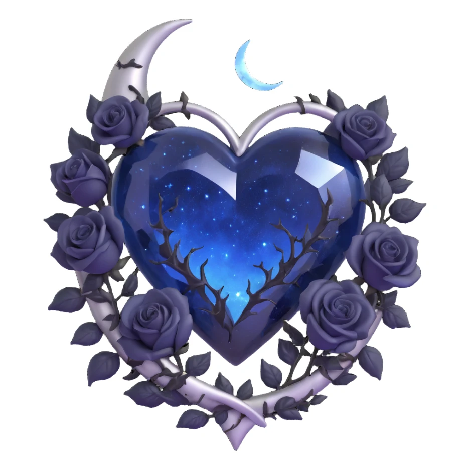 gothic heart, midnight blue glass, silver crescent moon, black roses, stardust, lightning, rain, cracked glass, celestial style sticker