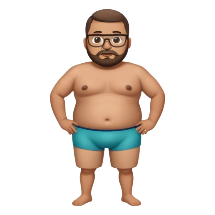 A very fat standing shirtless mexican guy in his boxers with a buzzcut, a beard, and glasses sticker