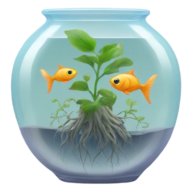 fishes in a clear vase with plant roots sticker