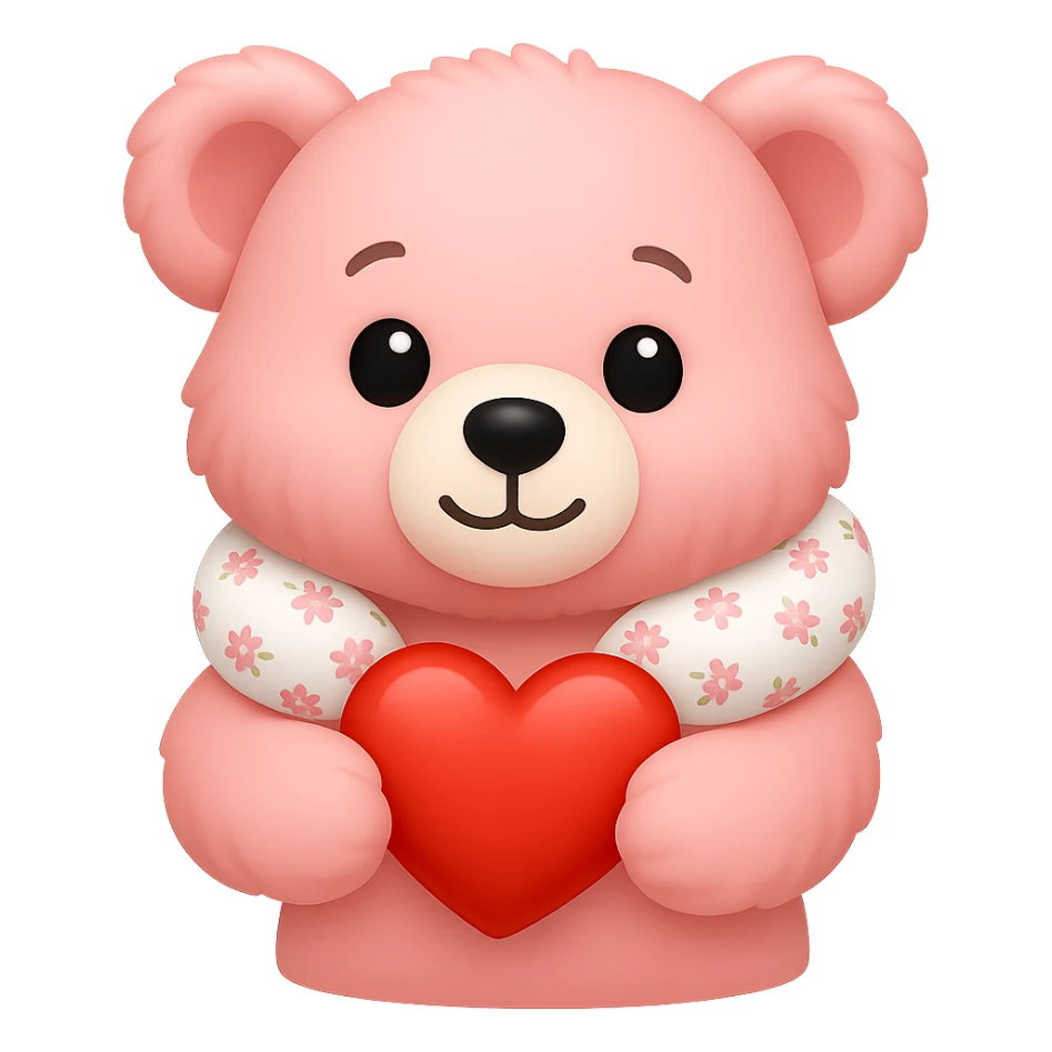 Create an iPhone emoji style pink teddy bear with a floral neck pillow. The bear is holding a heart, simple and cute, with a transparent background. Maintain the iPhone emoji style look. sticker