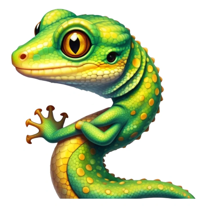 Cinematic Noble Gecko Portrait Emoji, Poised and sleek, with a compact, agile body adorned with textured, mottled scales and luminous, alert eyes accentuated by delicate toe pads and subtle patterning, Simplified yet sharp and sophisticated features, highly detailed, glowing with a soft, ambient jungle glow, high shine, intelligent and vigilant, stylized with an air of exotic elegance, focused and precise, soft glowing outline, capturing the essence of a watchful reptilian guardian that seems ready to scamper out of the screen with effortless agility! sticker