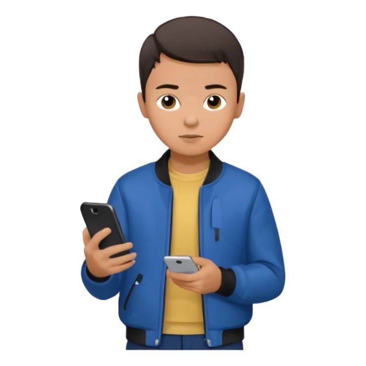 a boy looking at his phone brunnet short buzzcut green make his  jacket blue bag black pants brunnet boy tan skin and rreally dark hair sticker