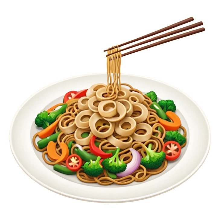 Illustrate stir-fried noodles with vegetables & soy sauce on a plate sticker