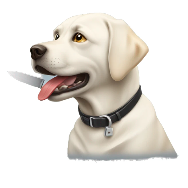 white lab holding a knife in his mouth sticker