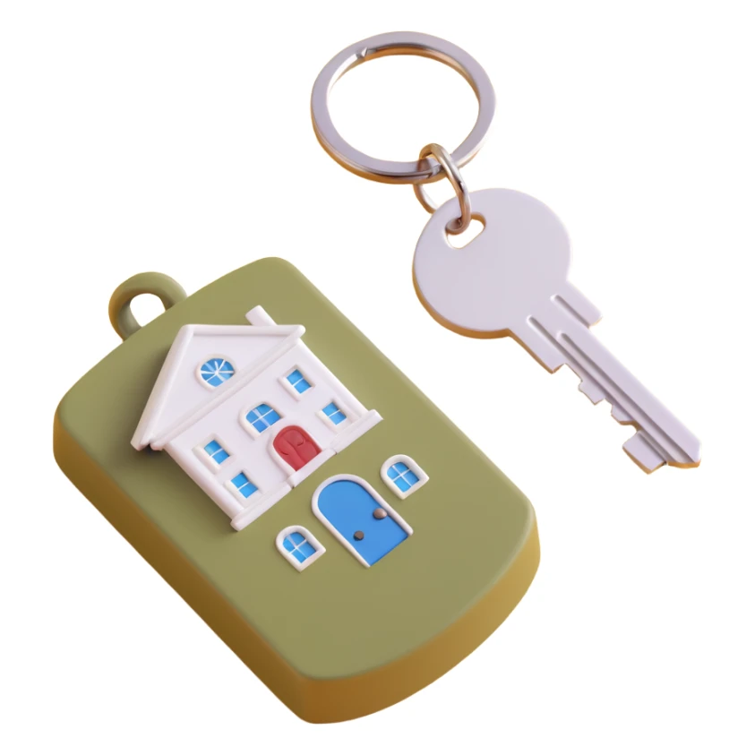 keychain with a khaki key and a white house-shaped key fob, 3D Emoji style, soft shadows and highlights, transparent background, no decoration, close-up view sticker