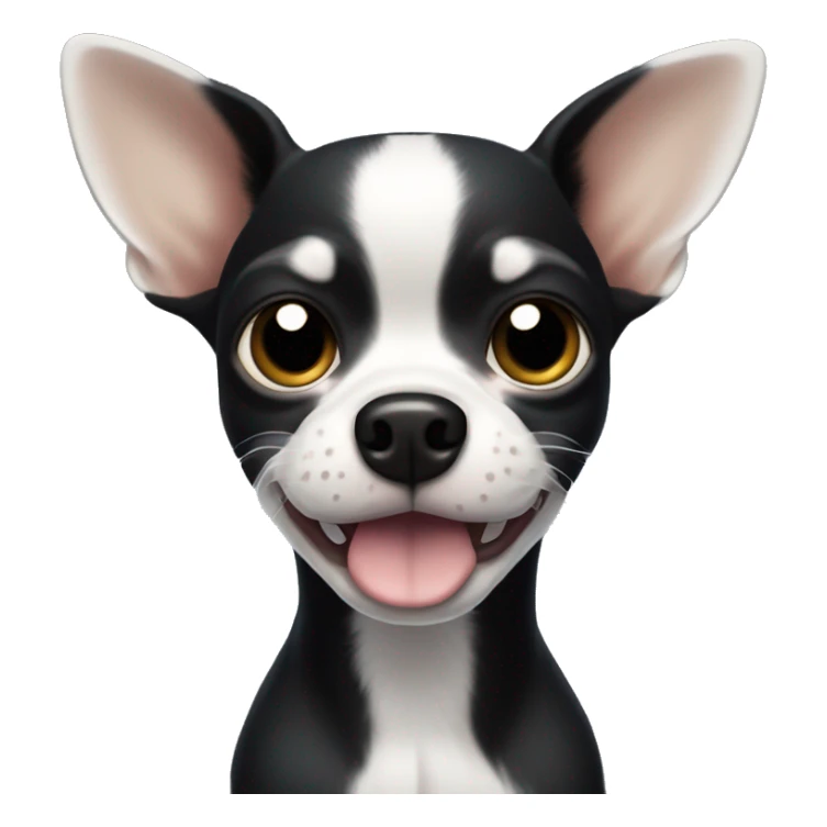 a black Chihuahua dog with a white lightning-shaped spot on its forehead. It has larger ears and a white and black muzzle sticker