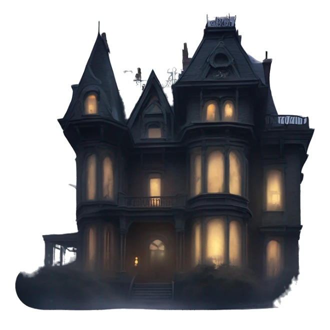 Fantastic close-up view, A very roomy ramshackle gothic Victorian Addams’s mansion looms through light fog at midnight  sticker