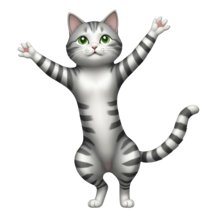 grey and white cat with green eyes doing a big extremely long stretch reaching up into the air with arms and legs side by side together straight and overextended sticker