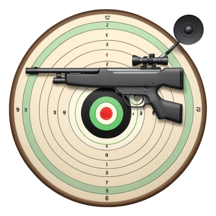 A detailed image of a rifle aimed at a target, with the target's concentric rings clearly visible. The focus is on the precision and accuracy of the sport, with the rifle positioned in front of a neutral background, emphasizing the equipment and the competitive nature of shooting. sticker
