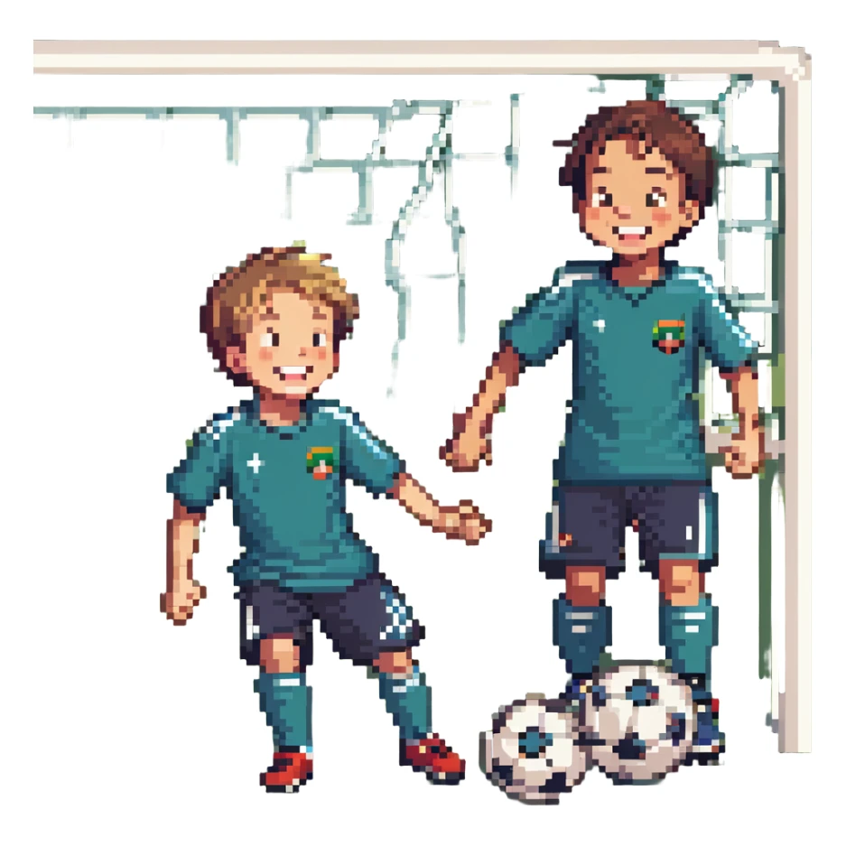 cute 6-year-old boy and 9-year-old boy playing fun soccer together, laughing and enjoying the game, pixel art style sticker