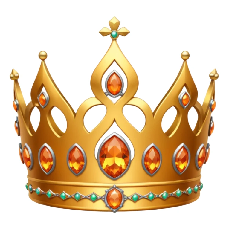 gold tiara with orange stones and a crusader emblem sticker