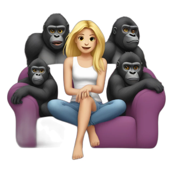5 gorillas surrounding one blonde girl on a couch sticker