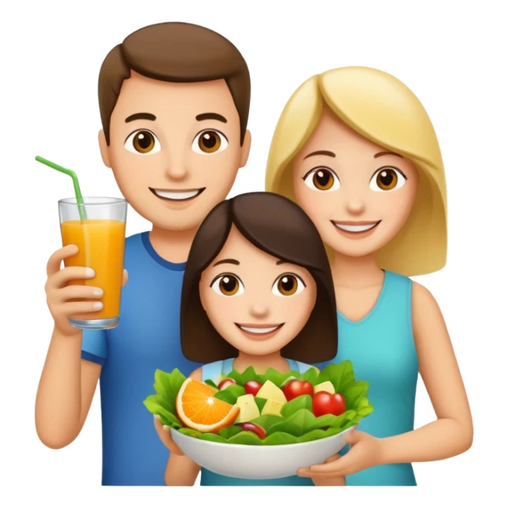 family holding salad and orange juice sticker