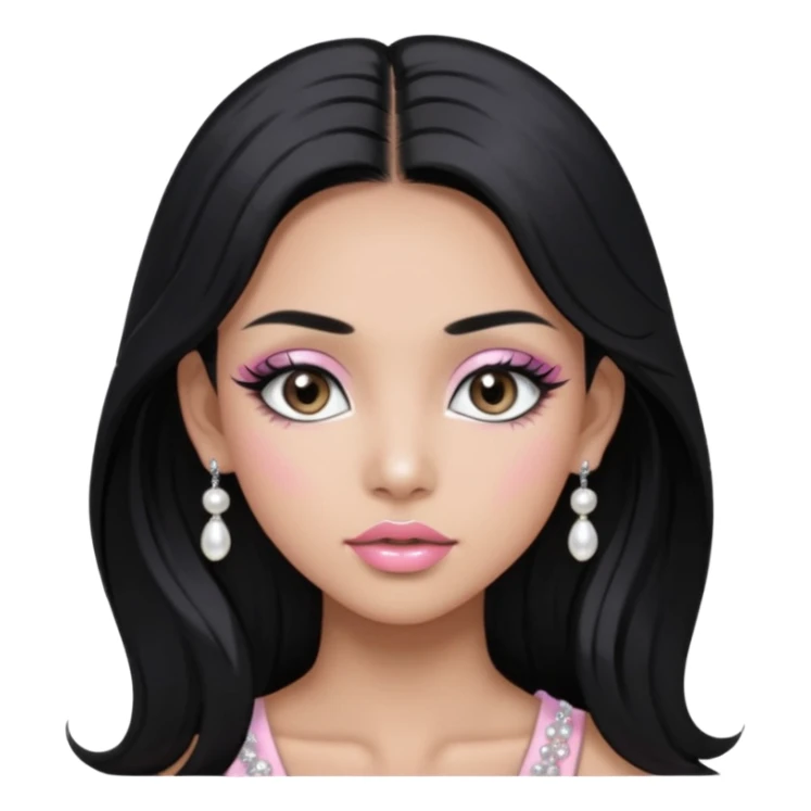 asian long black hair silver grey eyes glossy lips glittery white and light pink eyeshadow girl pearl earrings sticker