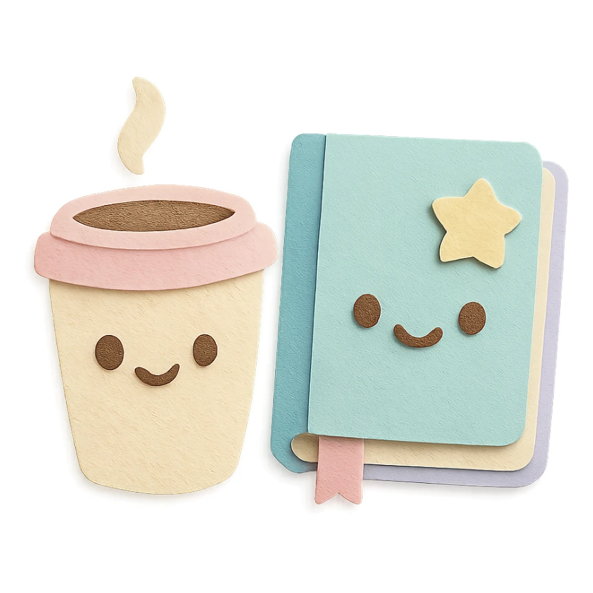 coffee cup and diary notebook with kawaii elements, soft pastel colors sticker