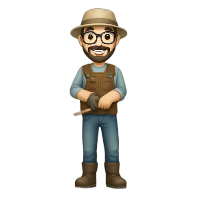 happy gardener man short dark hair beard rounded glasses with hat sticker