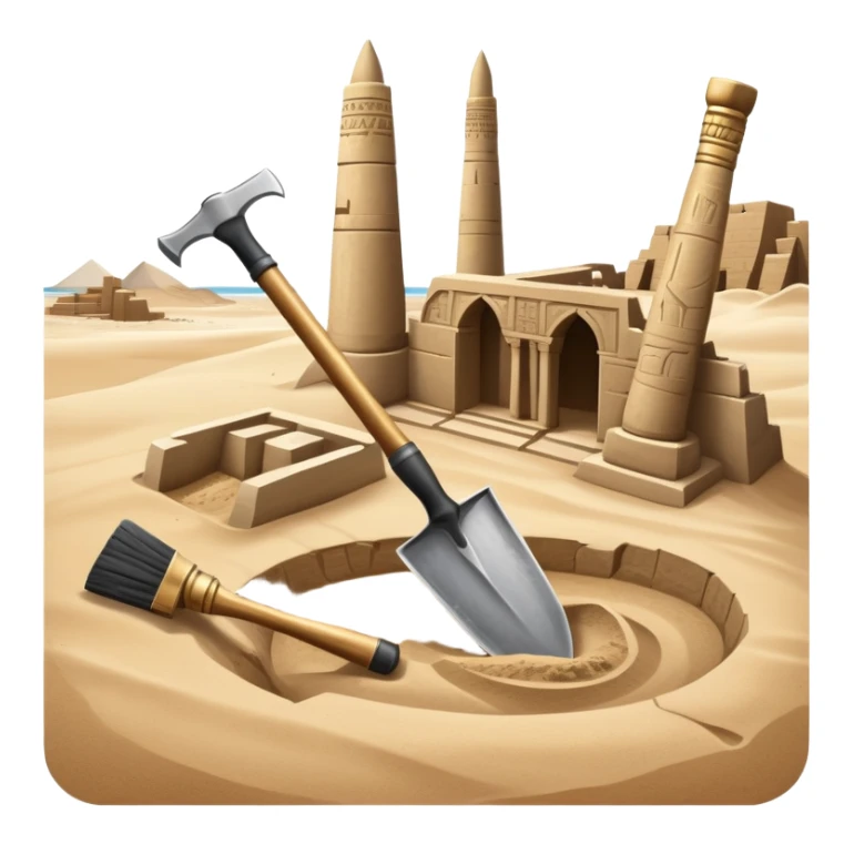 An icon showing archaeological tools—trowel, brush, and pickaxe—laid out on the sand, with the ancient Karnak temple ruins in the background. The design symbolizes exploration and discovery of ancient Egyptian history. Transparent background sticker