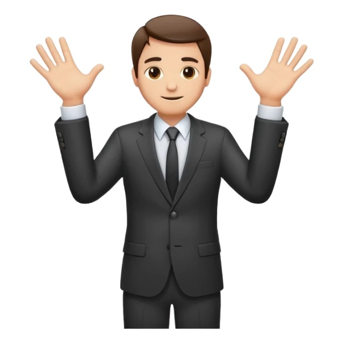 Sticker of a man in a business suit, front view, both arms extended straight in front of his body at chest level, elbows slightly bent, palms facing inward as if holding an invisible box, friendly expression, clean cartoon style, bold outlines, minimal background, emoji sticker style sticker